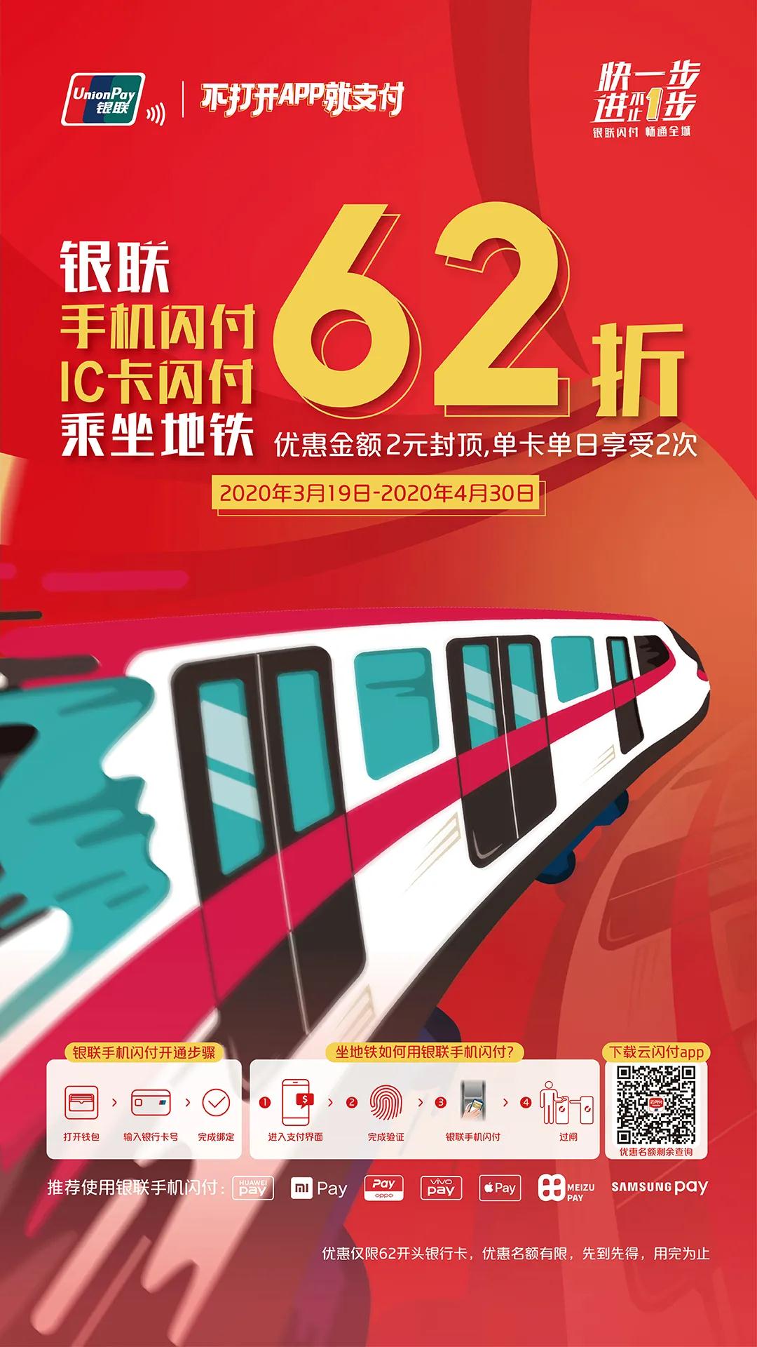 银联闪付坐地铁62折福利又来啦~还有礼券1元购！